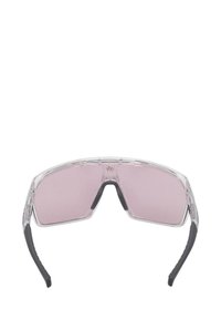 Occhiali da sole sportivi con montatura trasparente e lenti rosa, punte in gomma nere e design avvolgente per una copertura ottimale.