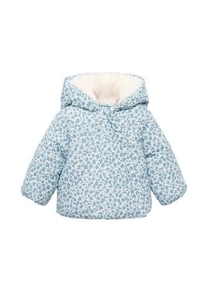 Veste bleu clair pour tout-petit avec motif floral et doublure douce en polaire blanche à l'intérieur de la capuche, adaptée pour temps froid.