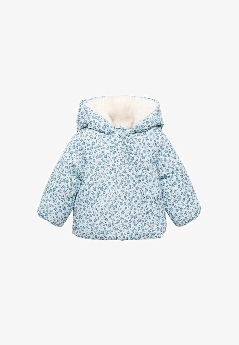 Veste bleu clair pour tout-petit avec motif floral et doublure douce en polaire blanche à l'intérieur de la capuche, adaptée pour temps froid.