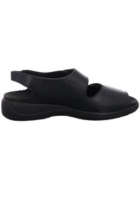 Black leather sandals with open heel and toe, featuring a cushioned sole and cut-out design for breathability. Smooth texture and sleek profile.