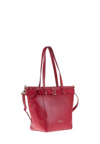 Rode leren tote bag met dubbele handvatten, een verstelbare schouderband en een riemaccent. Heeft een gladde textuur en gouden hardware.