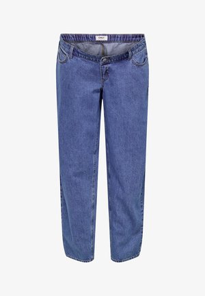 Plave traperice ravnih nogavica, s elastičnim pojasom i standardnim prednjim i stražnjim džepovima s vidljivim ukrasnim šavovima.