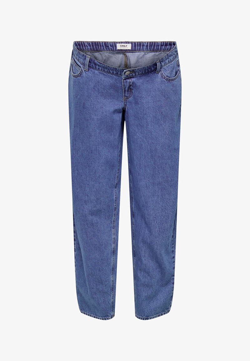 Siniset farkut on suunniteltu suoran lahkeen mallisiksi, niissä on joustava vyötärönauha sekä tavalliset etu- ja takataskut, joissa näkyy koristeompeleita.