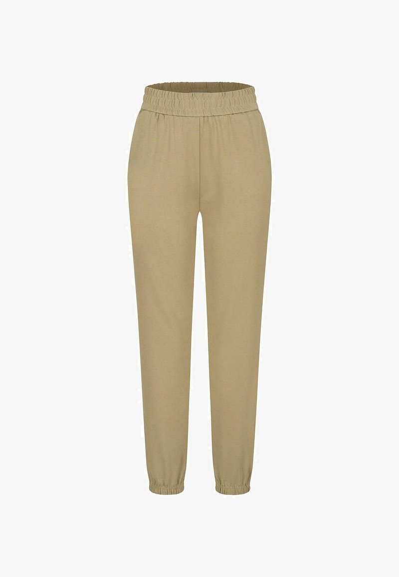 Pantalones joggers caqui hechos de tela suave, con cintura elástica, piernas ajustadas y puños elásticos en los tobillos.
