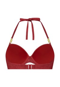 Červený vyztužený bikiny top s halter krkem, nastavitelnými ramínky a zlatými akcenty, s hladkou strukturou.