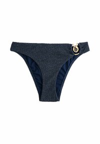 Marineblauwe bikini onderkant met een glinsterende textuur, voorzien van een gouden ronde logo-accent op de tailleband. Klassiek snit ontwerp.