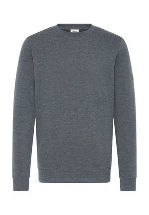 Gray sweatshirt with a round neckline, long sleeves, and ribbed cuffs. Features a textured fabric and a small logo patch on the left sleeve.