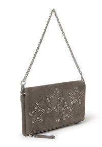 Gray suede clutch with silver chain strap, featuring star-shaped cutouts and metal eyelets, zipped closure, and logo detail on front.