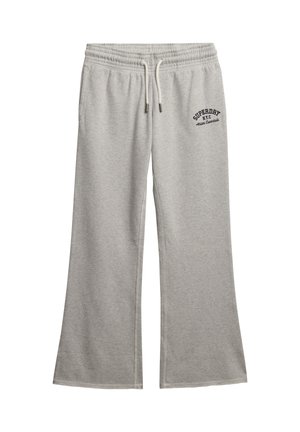 Pantalons de survêtement en mélange de coton gris avec un design évasé, taille élastique et cordon de serrage. Présentent le logo "SUPERDRY" en bleu marine à l'avant.
