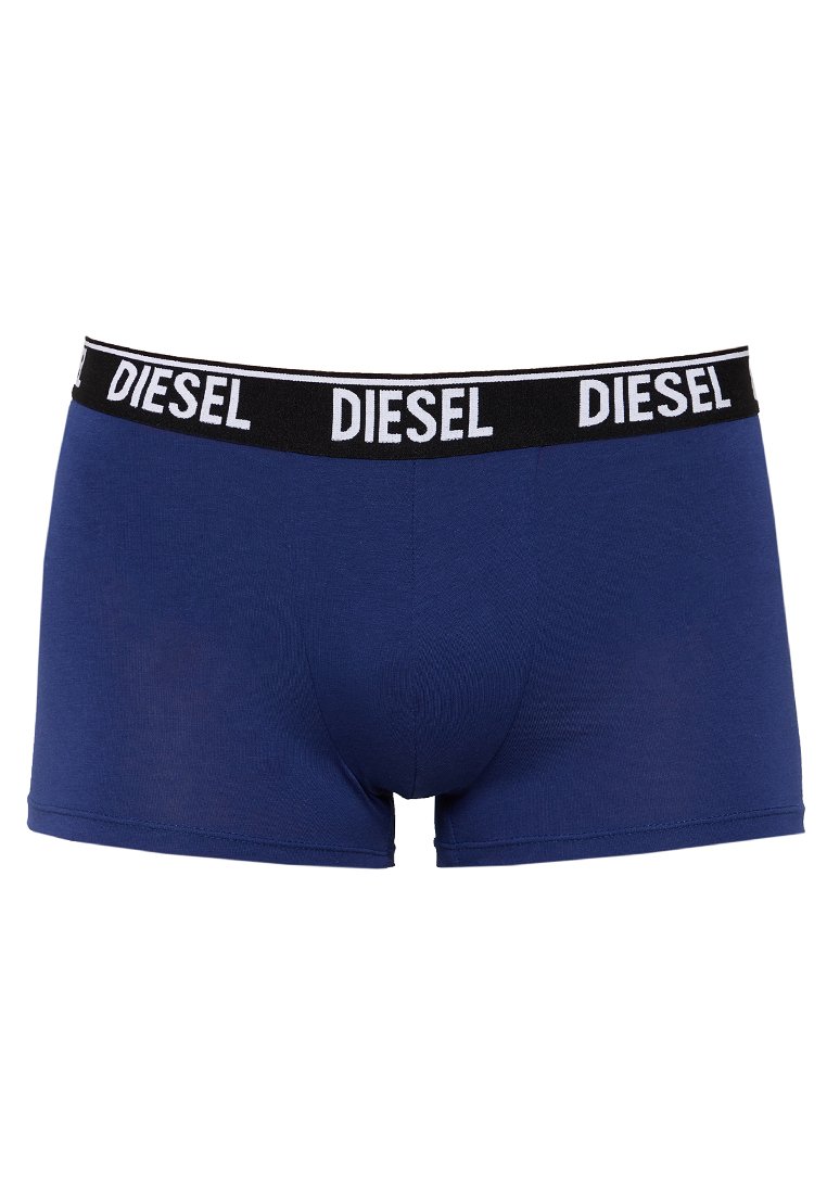 Boxer-briefs pour hommes bleu marine en coton extensible, avec une taille noire arborant le logo blanc "DIESEL". Texture lisse, design ajusté.