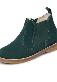 Botín de ante verde oscuro con paneles laterales elásticos, costuras beige y suela de goma. Cuenta con una lengüeta para facilitar su puesta.