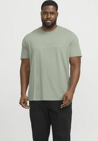 Lys grøn bomulds T-shirt med rund hals, prydet med et hvidt logo "JACK & JONES" trykt på brystet. Korte ærmer, afslappet pasform.