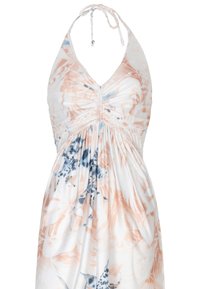 Halterska haljina od laganog materijala, s cvjetnim uzorkom u breskvastim i plavim tonovima, s naboranim detaljima na gornjem dijelu.