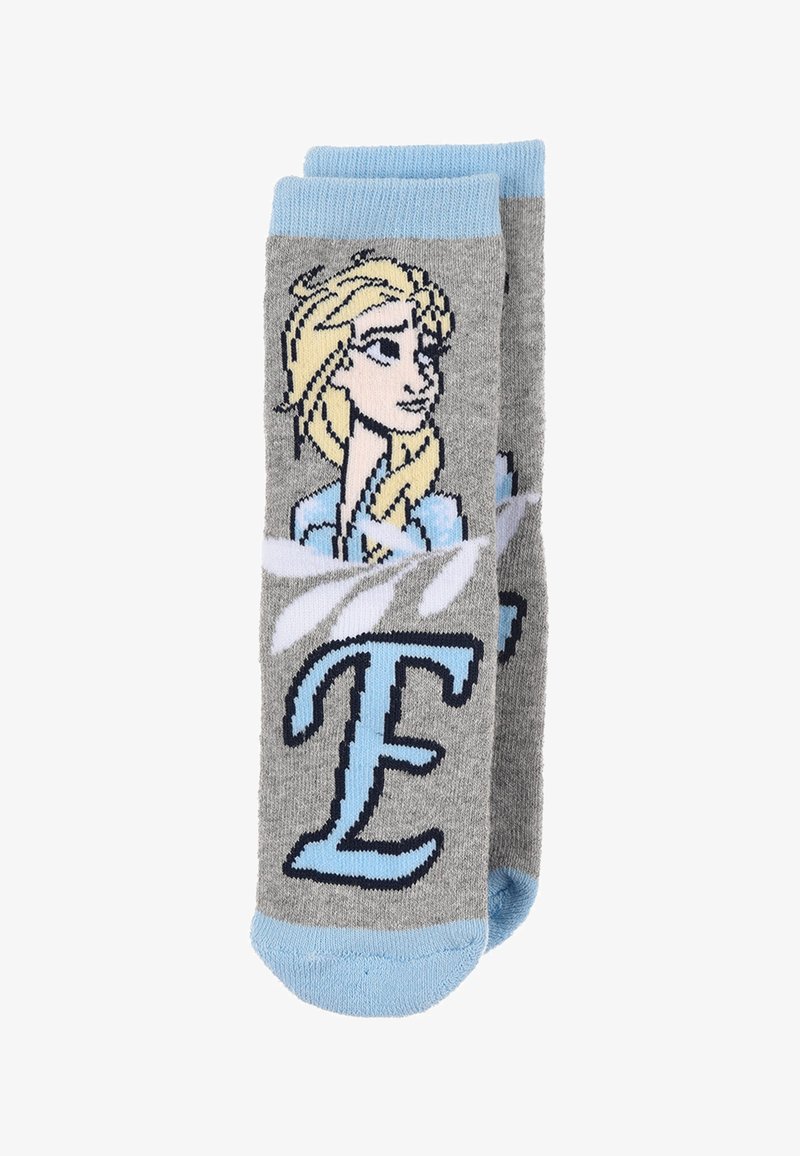 Calze grigie con un personaggio dei cartoni animati dai capelli biondi, con un bordo azzurro attorno all'orlo e una lettera "E" blu.