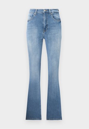 Heledad sinised flared teksad, mis on valmistatud denimist, kõrge vöökoha, esikottide ja tagasihoidliku fade'iga hemmi suunas. Omab heledat õmblust.