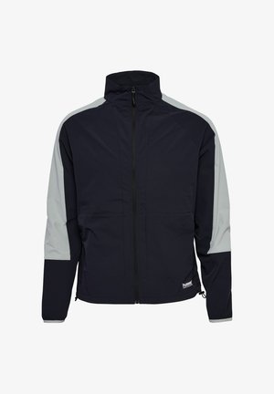 Marine windbreakerjack met grijze accenten, hoge kraag, voorsluiting met rits en twee zijzakken; gladde textuur, lichte stof.