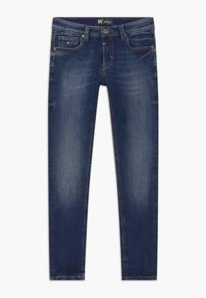 Dunkelblaue Slim-Fit-Jeans mit leichtem Verblassen an den Oberschenkeln, Fünf-Taschen-Design und Knopfverschluss an der Taille.
