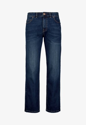 Dark blue denim jeans with a straight fit, featuring five pockets, a button closure, and subtle stitching details. Smooth texture.