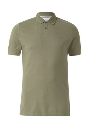 Herren-Poloshirt mit kurzen Ärmeln in Olivgrün, mit Kragen und zwei Knöpfen, schlichtes Design ohne sichtbare Logos oder Muster.