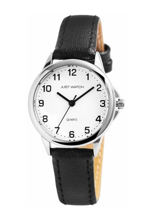 Runder Quarz-Uhren mit silbernem Gehäuse, weißem Zifferblatt, schwarzen arabischen Ziffern und einem strukturierten schwarzen Lederarmband. Transparenter Rücken.