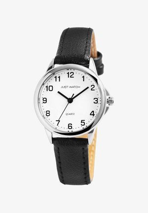 Runder Quarz-Uhren mit silbernem Gehäuse, weißem Zifferblatt, schwarzen arabischen Ziffern und einem strukturierten schwarzen Lederarmband. Transparenter Rücken.