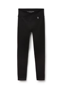 Sorte leggings lavet af strækbart stof, med en bred talje og en glat overflade. Ingen synlige mønstre eller ekstra detaljer.