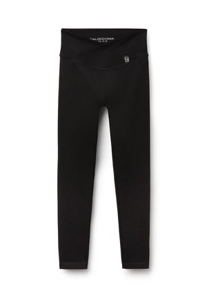 Svarta leggings i ett elastiskt material med bred midjeband och en slät yta. Inga synliga mönster eller ytterligare detaljer.