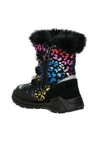 Bunt gestreifte wasserdichte Winterstiefel mit einem schwarzen Kunstfellkragen, ausgestattet mit einem mehrfarbigen Leopardenmuster und einem seitlichen Reißverschluss.