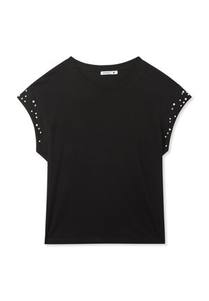 T-shirt nera a maniche corte realizzata in morbido tessuto, con dettagli decorativi in perle sulle spalle e una vestibilità comoda.