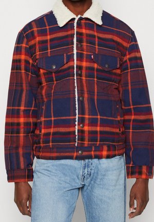 Homme portant une veste à carreaux bleus et rouges à boutons avec un col en polaire blanche et un jean bleu clair, debout devant un fond uni.