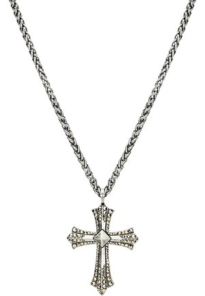 Silver chain necklace with a cross-shaped pendant adorned with small round crystal-like studs and a square centerpiece.