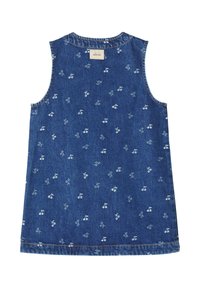 Abito senza maniche in denim blu scuro con motivo a ciliegie, caratterizzato da un colletto rotondo e orlo sfilacciato. Etichetta visibile sul retro.