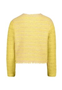 Yellow cropped jacket with long sleeves, textured fabric, and fringe accents along the hem and neckline. Simple, open-back design.
