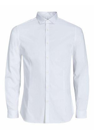 White long-sleeve dress shirt with a collar, button-down front, and smooth cotton texture. Features a tailored fit and buttoned cuffs.