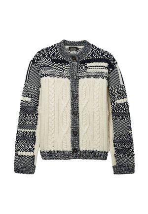 Cardigan en grosse maille avec motifs noirs, blancs et crème, avec un tricot torsadé au centre, fermeture à boutons sur le devant, col, poignets et ourlet côtelés.