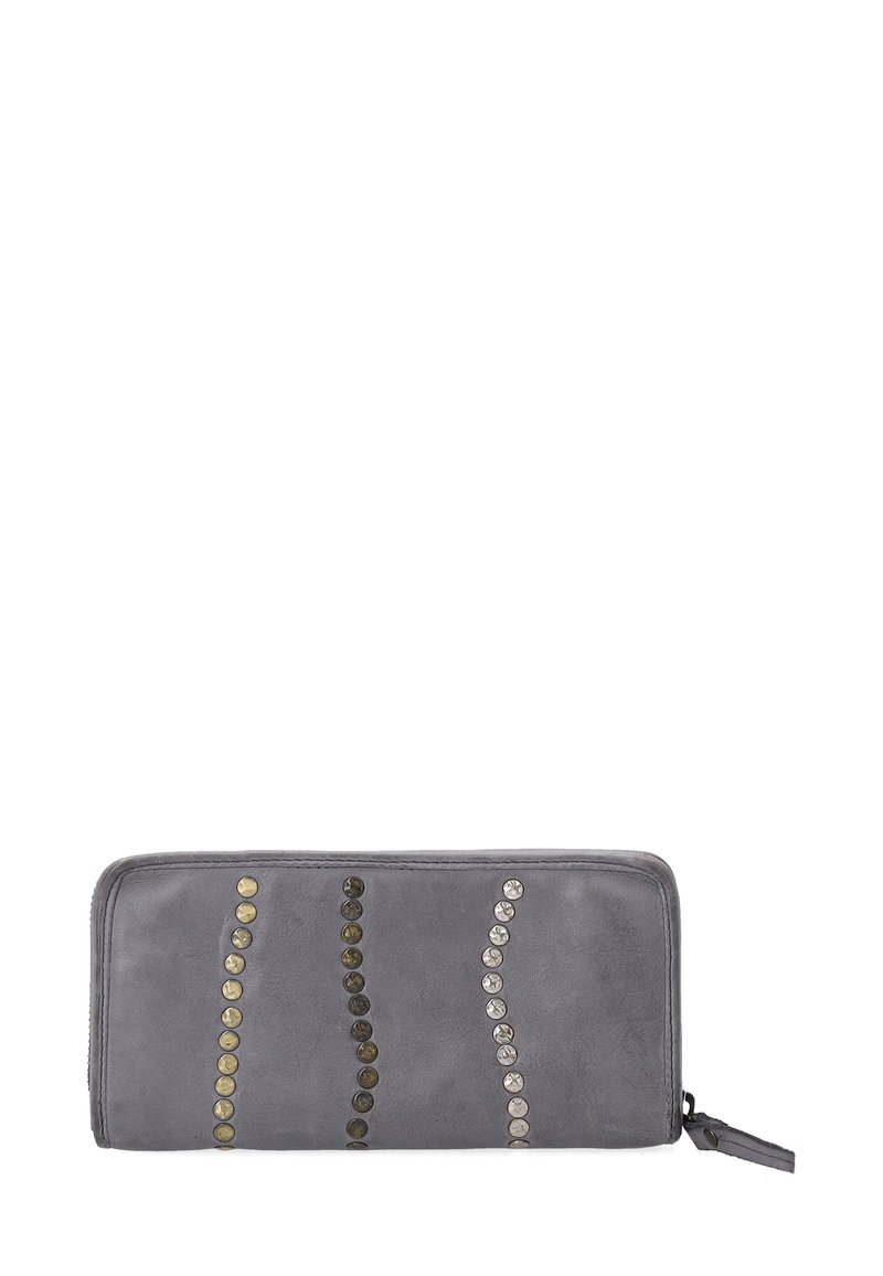 Gray leather wallet featuring vertical rows of circular metallic studs in gold and silver. Zip closure, rectangular shape, smooth texture.