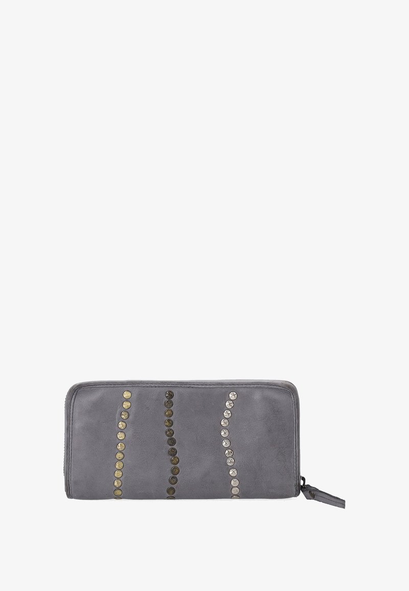 Gray leather wallet featuring vertical rows of circular metallic studs in gold and silver. Zip closure, rectangular shape, smooth texture.