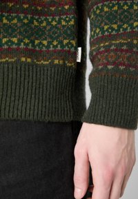 Knit sweater in dark green with multicolor geometric patterns. Ribbed cuffs and hem. Brand label "GANT" visible on the side.