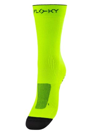 Calza sportiva gialla neon con pannello in mesh traspirante, punte e talloni neri e finitura testurizzata. Logo del marchio stampato nella parte superiore.
