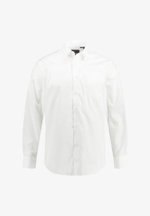 Biała koszula z długim rękawem, uszyta z gładkiego materiału, z zapięciem na guziki z przodu, kołnierzykiem o rozprężonym kształcie oraz jedną kieszenią na piersi po lewej stronie.