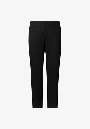 Schwarze Hose aus glattem Stoff mit Knopfverschluss, geradem Bein, vorderen Taschen und minimalistischem Stil.