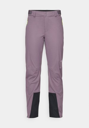 Purple outdoor pants with black hem detailing, featuring two buttons and a side pocket with a green zipper, designed for active use.