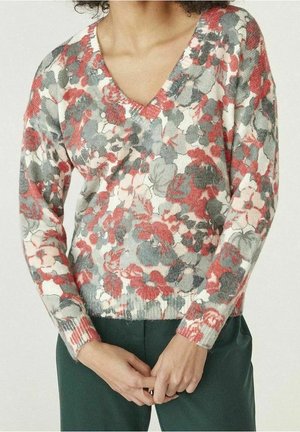 Pull col en V avec motif floral rouge, gris et blanc porté avec un pantalon vert foncé, mains jointes légèrement devant.