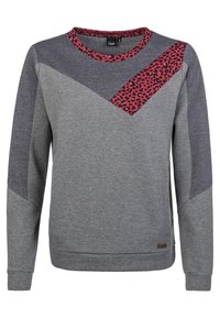 Sweatshirt gris à manches longues. Présente un motif en chevron avec du gris foncé et un accent imprimé léopard rose sur le devant. Matière en mélange de coton.