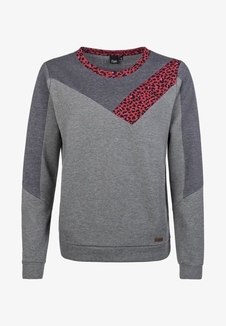 Felpa grigia con maniche lunghe. Presenta un design a zig zag con grigio scuro e un accento in stampa leopardata rosa sul davanti. Materiale misto cotone.