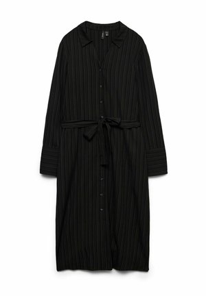 Robe chemise noire à rayures avec un col, des manches longues, un devant boutonné et une ceinture assortie. R�éalisée en tissu léger.