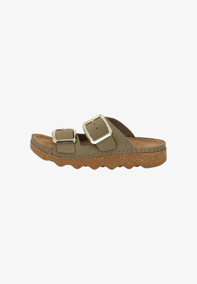 Green slide sandal with two adjustable buckle straps. Cork sole with a textured, scalloped edge. Smooth upper material with stitched accents.