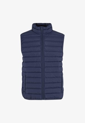 Tummansininen ilmanhiha vestti korkealla kauluksella, vaakasuoralla tuftauskuvalla ja etuvetoketjulla. Pehmeää, kevyttä materiaalia.