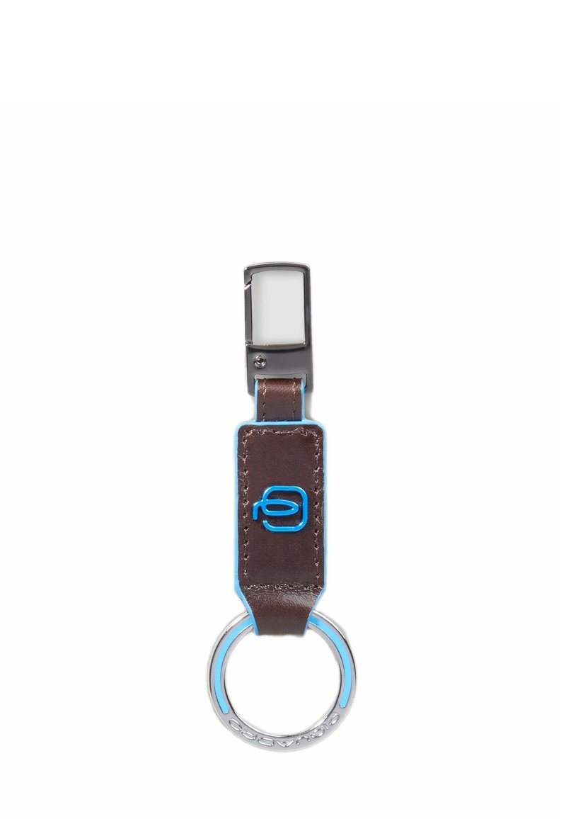 Leather and metal keychain with a blue logo, metal ring, and clip for attachment.