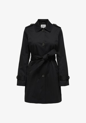 Melns tranšejmētelis no gludas auduma ar jostu viduklī, pogu aizdari, plecu epemājiem un garām piedurknēm ar pogām aprocēs.